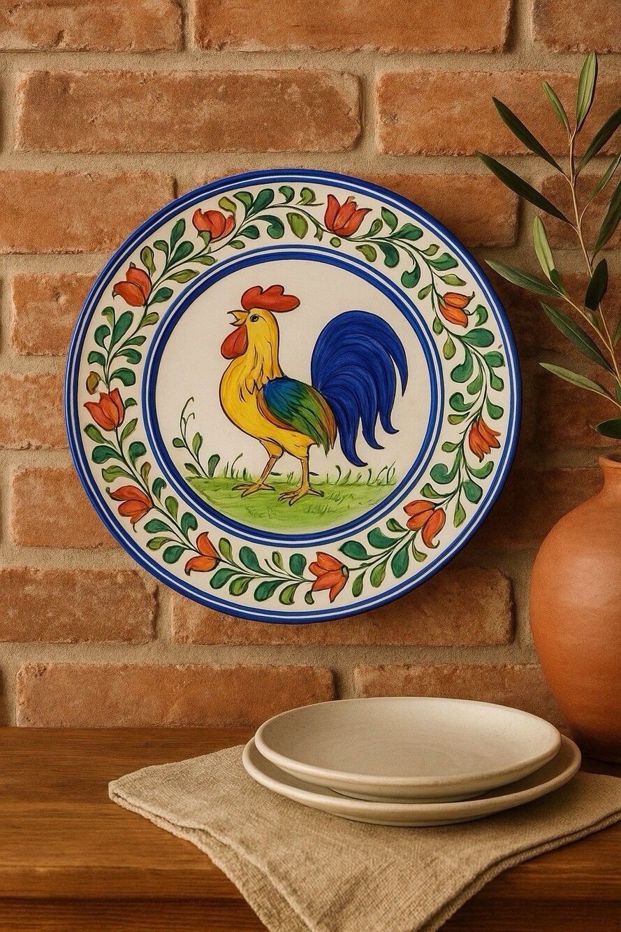 Vietri Italy 12 in Hand Painted Rooster Plate Deruta Style Majolica Ceramics